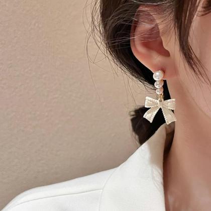 Long White Bowknot Earrings For Women