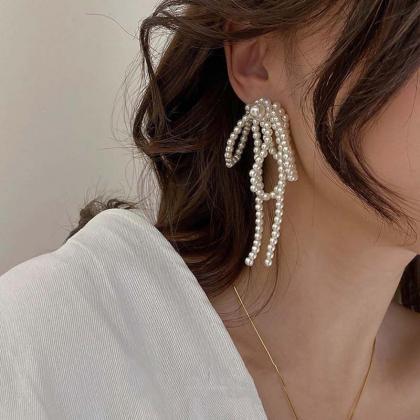 Tassel Earrings Bow Handmade Pearl Beads Long..