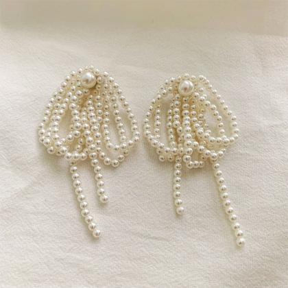 Tassel Earrings Bow Handmade Pearl Beads Long..