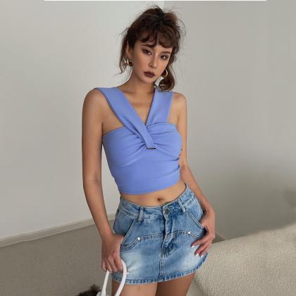 V-neck Top,hollowed Out Pleated Halter Tank Top,..