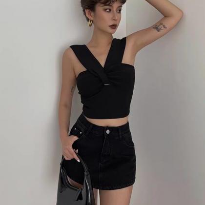 V-neck Top,hollowed Out Pleated Halter Tank Top,..