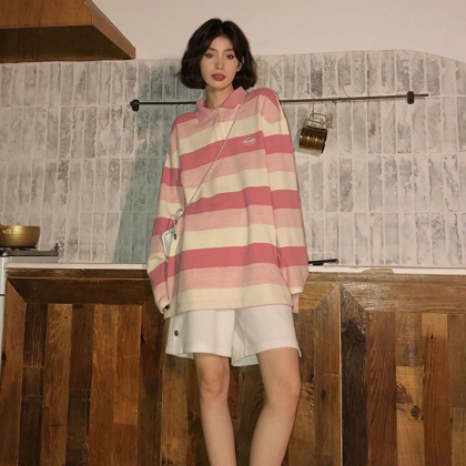 Pink Striped T Shirts Women Oversize Kawaii..