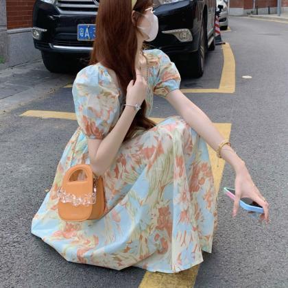 Puff Sleeve Dress Women Summer French Style..