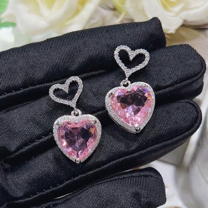 Temperament Heart Pink Cubic Zirconia Earrings