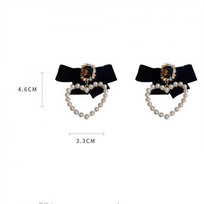 Korean Black Bowknot Heart Pearl Drop Earrings For..