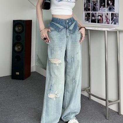 High Waist Straight Jeans Women Vintage Wide Leg..