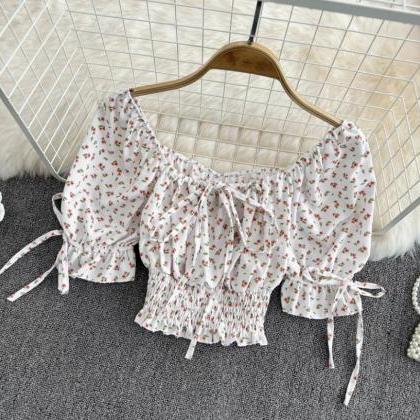 Puffy Sleeves Top, High-waisted Floral Chiffon..
