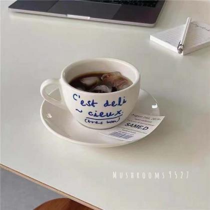 Niche Coffee Shop Simple Blue Letter Ceramic Mug..