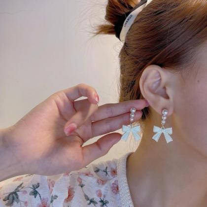 Fashion Korean Earrings Milk White Pearl Bow Knot..