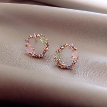 Classic Round Pink Green Crystal Stud Earrings For..