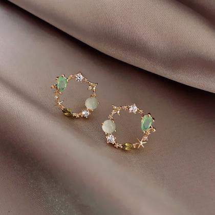 Classic Round Pink Green Crystal Stud Earrings For..