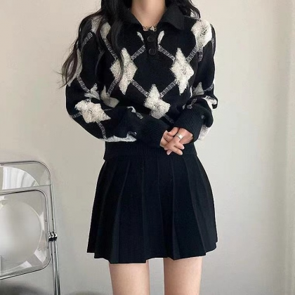 Korean Style Argyle Print Sweater Women Preppy..