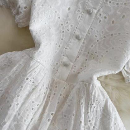 Lapel Waist Lace Dress, A-line Hollowed-out Lace..