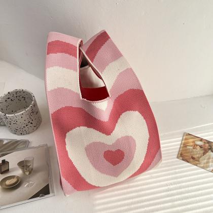 Pink Knitted Handbag Niche Design, Heart Shaped..