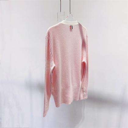 Korean Style Autumn Pink Vertical Striped Wool..