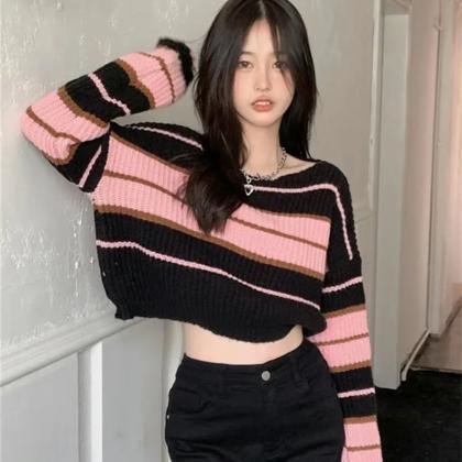Y2k Street Sweaters Women Korean Style Striped..