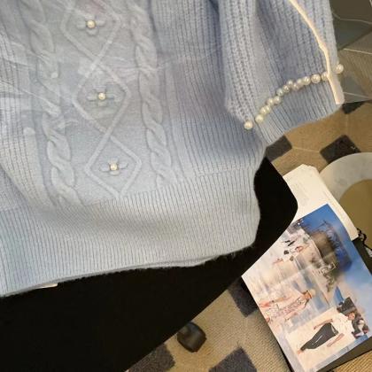 Blue Pearl Beaded Sweater Tshirt Women Summer..