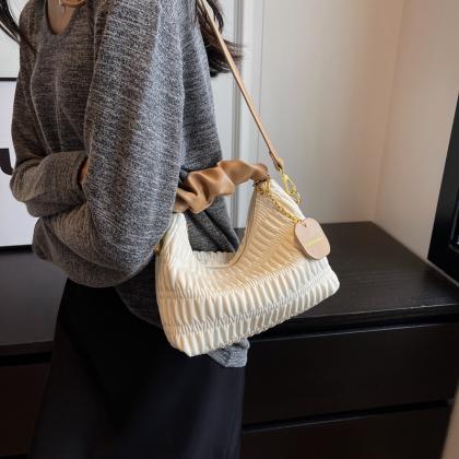 Small Silver Pleated Bucket Bags For Women Leather..