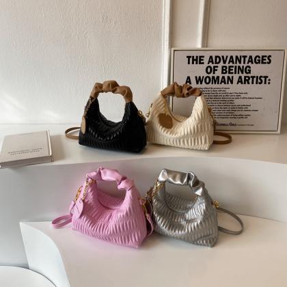 Small Silver Pleated Bucket Bags For Women Leather..