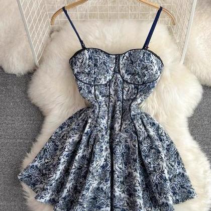 Light Luxury Party Dress, Blue Printed Dress,..