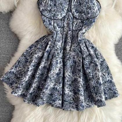 Light Luxury Party Dress, Blue Printed Dress,..