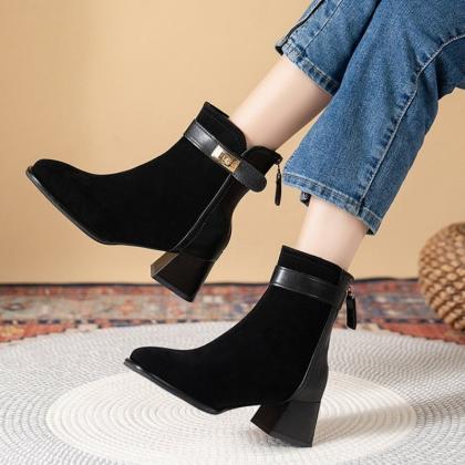 Women Sheep Suede Short Boots Square Toe Chunky..