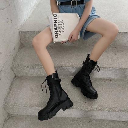 Autumn Boots Women Fashion Black Leather Platform..