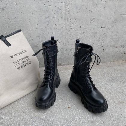 Autumn Boots Women Fashion Black Leather Platform..