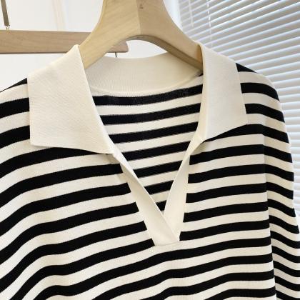 Polo Collar Breif Elegant Striped Patchwork Short..