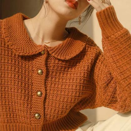 Autumn Orange Crop Top Sweater Peter Pan Collar..
