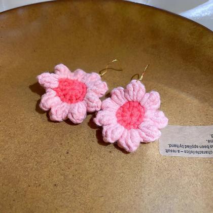 Pink Woven Wool Flower Drop Earrings For Women..