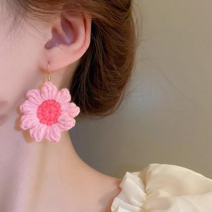 Pink Woven Wool Flower Drop Earrings For Women..
