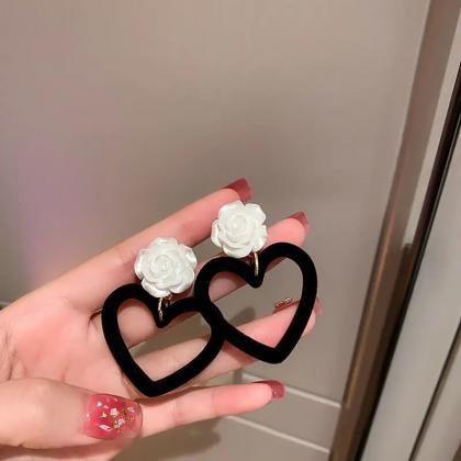 Korean White Flower Heart Drop Earrings For Women..