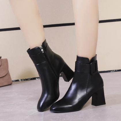 White Black Thick High Heel Ankle Boots Women..