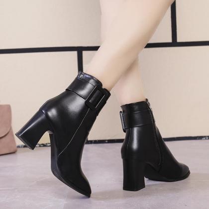 White Black Thick High Heel Ankle Boots Women..