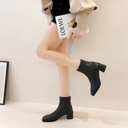 French Thin Square Toe Thick Heel Single Boots..