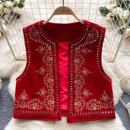 Retro, Ethnic Style, Heavy Sequin Embroidery Vest,..