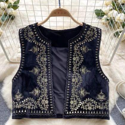 Retro, Ethnic Style, Heavy Sequin Embroidery Vest,..