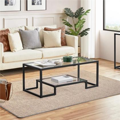 Modern Glass Coffee Table With Metal Frame, Black