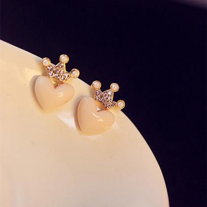 Korea Elegant Crystal Crown Pink Heart Stud..