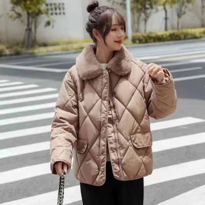 Korean Style Fur Collar Bread Service Woman Casual..