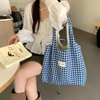 Korean Fashion Tote Bag Women Plaid Woven Shoulder..