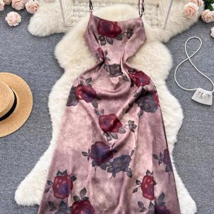 Romantic, Retro, Rose Print Halter Dress, Luxury..
