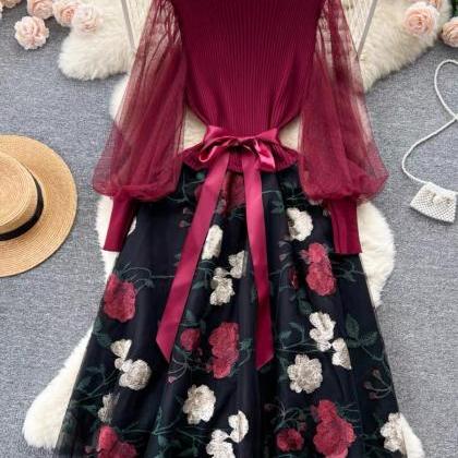 Luxury ，knitted Stitching Embroidery Dress, Tie..