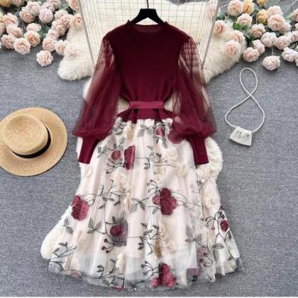 Luxury ，knitted Stitching Embroidery Dress, Tie..