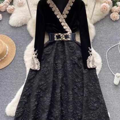 Vintage Velvet Dress, Lace Patchwork Jacquard..