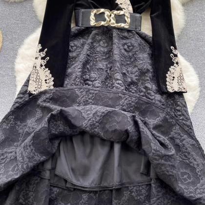 Vintage Velvet Dress, Lace Patchwork Jacquard..