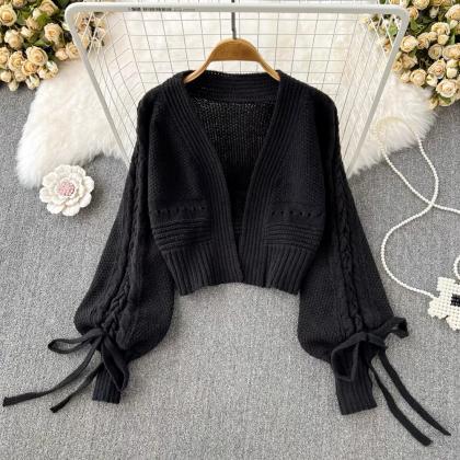 Lantern Sleeve Knitted Cardigan, Casual Bow Tie..
