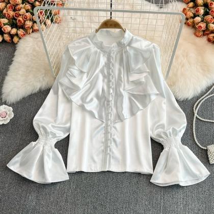 Vintage Style Flared Sleeve Shirt, Stand-up Collar..