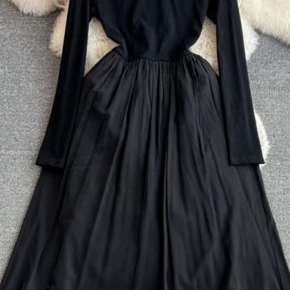 Long Sleeves Black Dress, Half High Neck Zip-up..